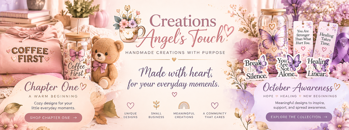 Creations Angel's Touch homepage banner concept featuring Chapter One, brand identity, and October Awareness Collection in pastel pink, lilac, cream, and gold